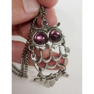 Vintage Owl Necklace, Purple Eyes. 22 Inch Chain